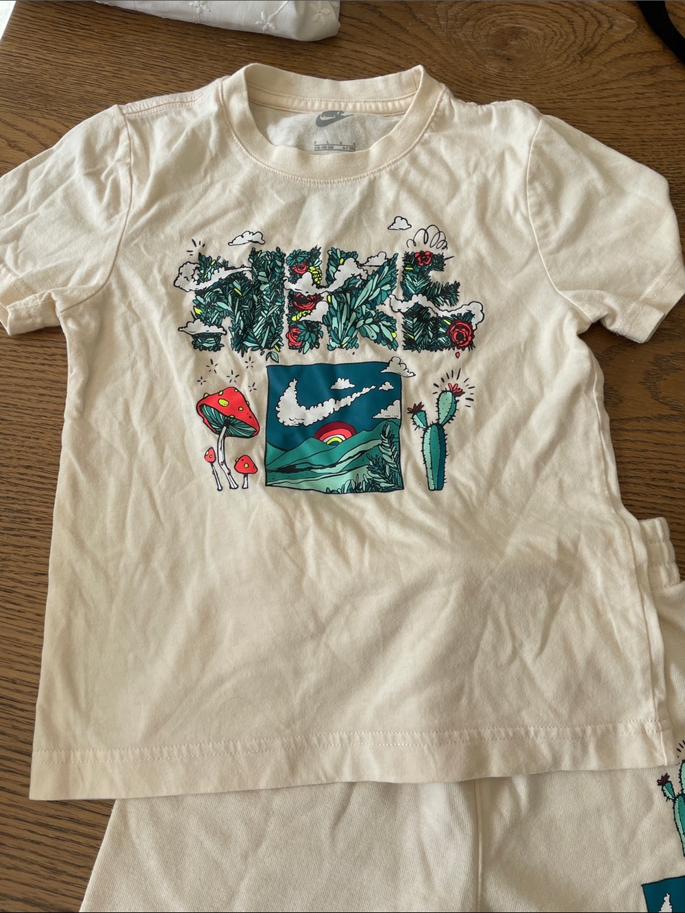 Nike Kids Cream Short-Sleeve Tee with Teal, Red and Green Nature Graphic